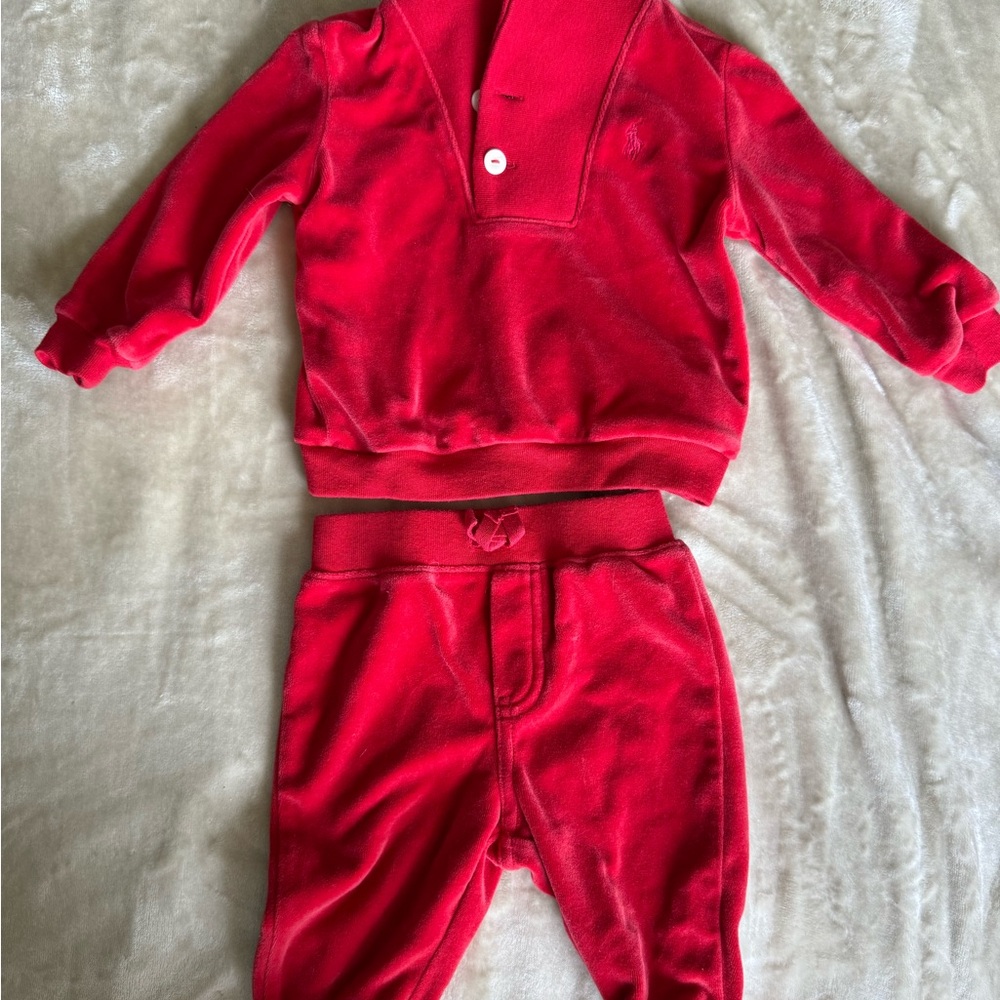 Ralph Lauren Red Velour Baby Outfit like new, 6 month old size